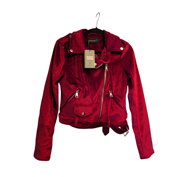 Mochy Jackets & Blazers - Vibrant Berry Red Women's Velvet Motorcycle Jacket - 38